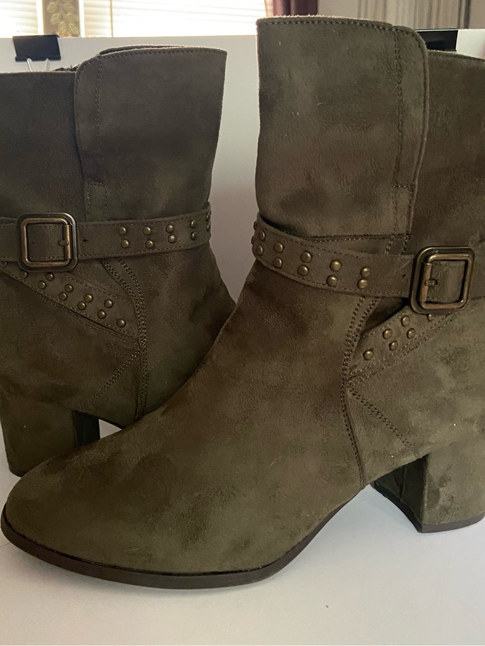 comfortview Olive Green Suede Studded Block Heel Ankle Boots